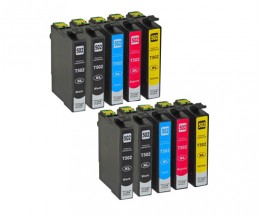10 Tinteiros Compativeis, Epson T02W1 - T02W4 / 502XL Preto 9.2ml + Cor 6.4ml